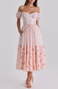 HOUSE OF CB Penelope Floral Puff Sleeve Corset Chiffon Midi Dress