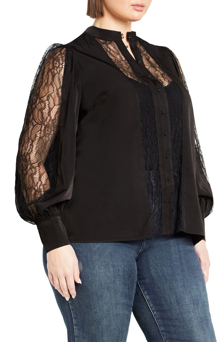 City Chic Georgia Lace Inset Sateen Button-Up Shirt, Alternate, color, 