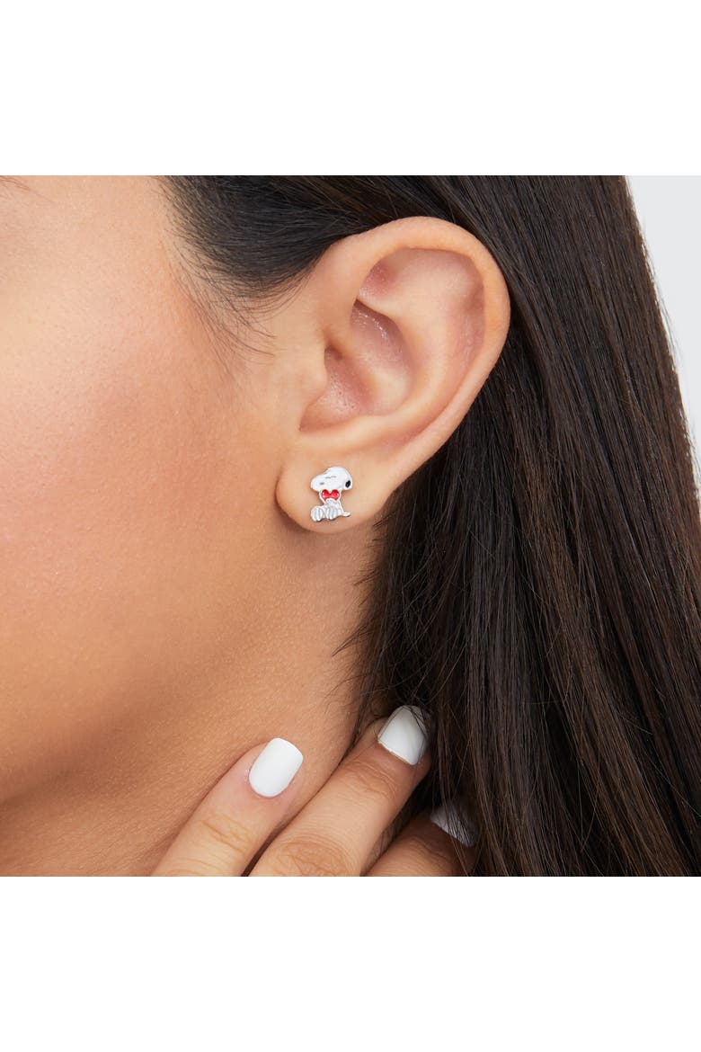 Snoopy Heart Stud Earrings, Silver Plated, Alternate, color, White, red
