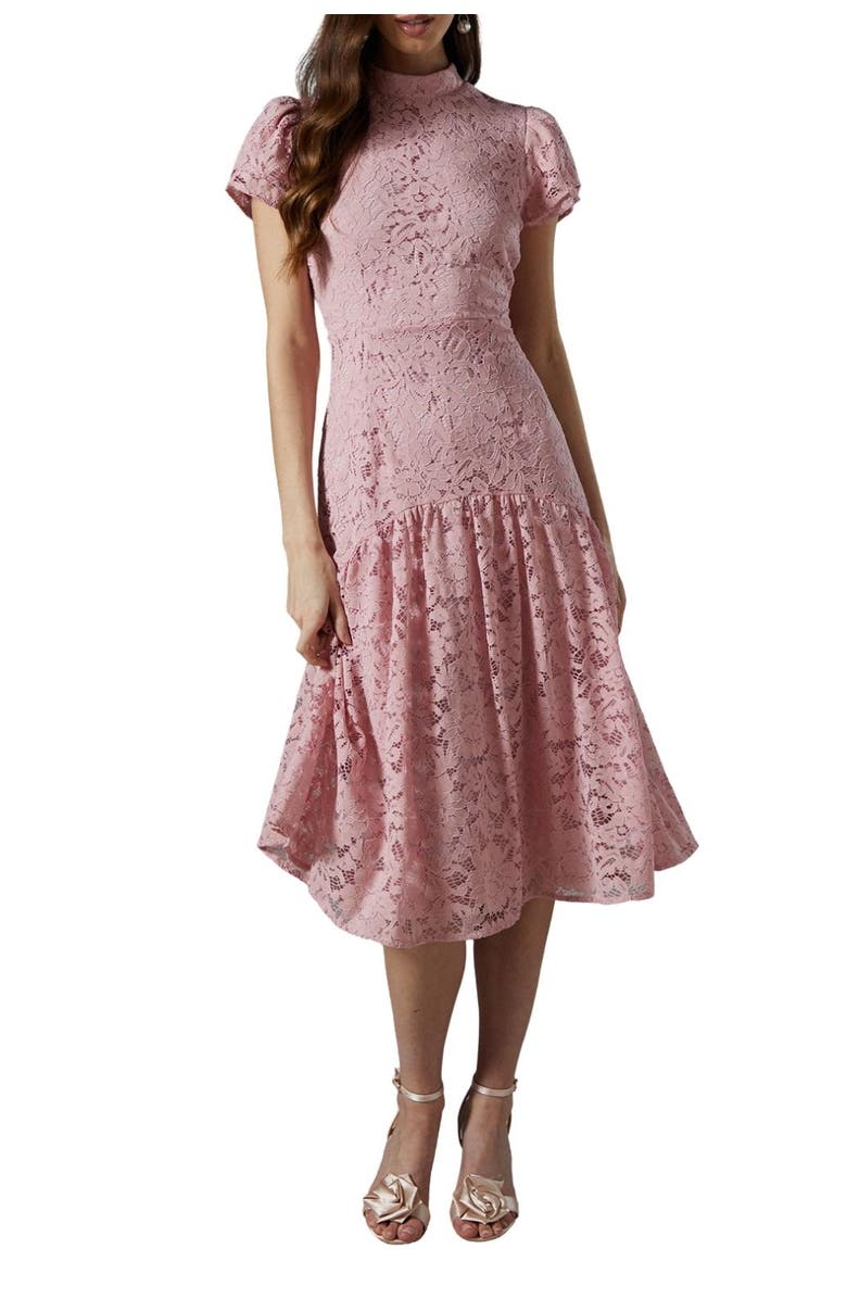 Coast Lace Frill Sleeve High Neck Midi Dress, Alternate, color, Blush