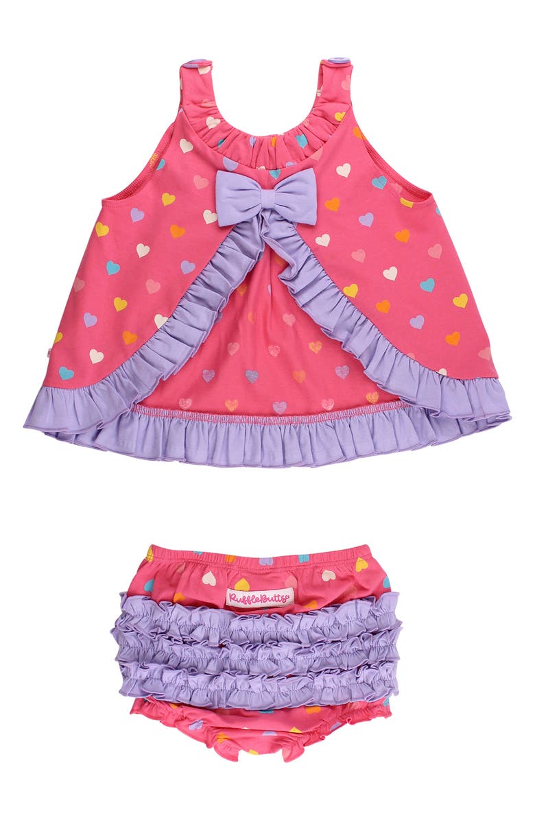 RuffleButts Kids
 Heart Print Cotton Ruffle Swing Top and Bloomer Set, Alternate, color, Pink