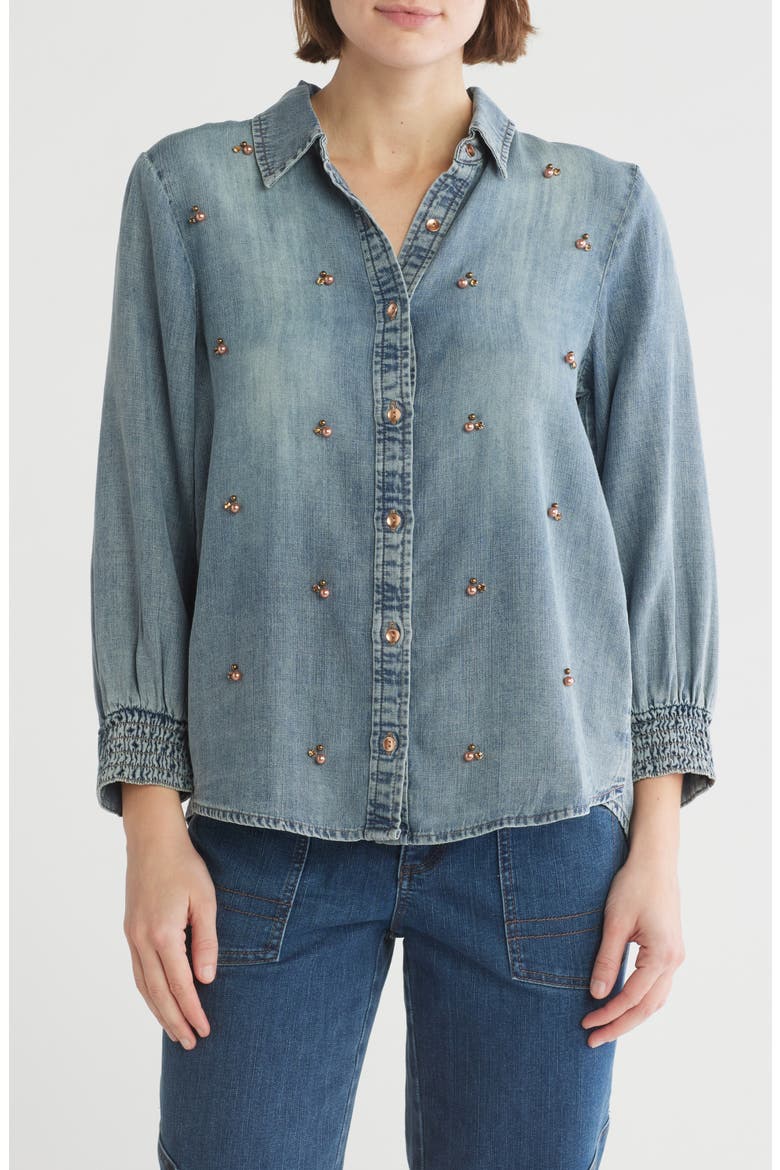 Beaded Front Chambray Button-Up Shirt, Main, color, LIGHT BLUE
