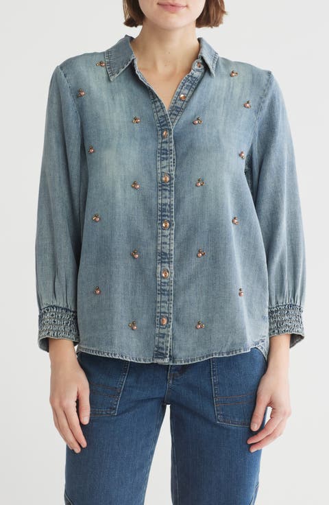 Beaded Front Chambray Button-Up Shirt