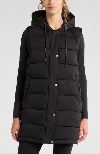 Womens long puffer vest with hood sale