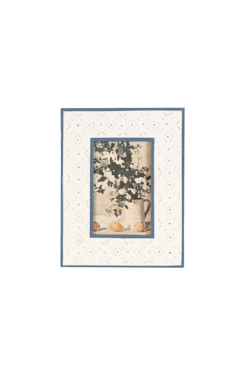 Foreside Home and Garden 4x6 Blue & Cream Rustic Mango Wood Geometric Pattern Photo Frame, Main, color, White