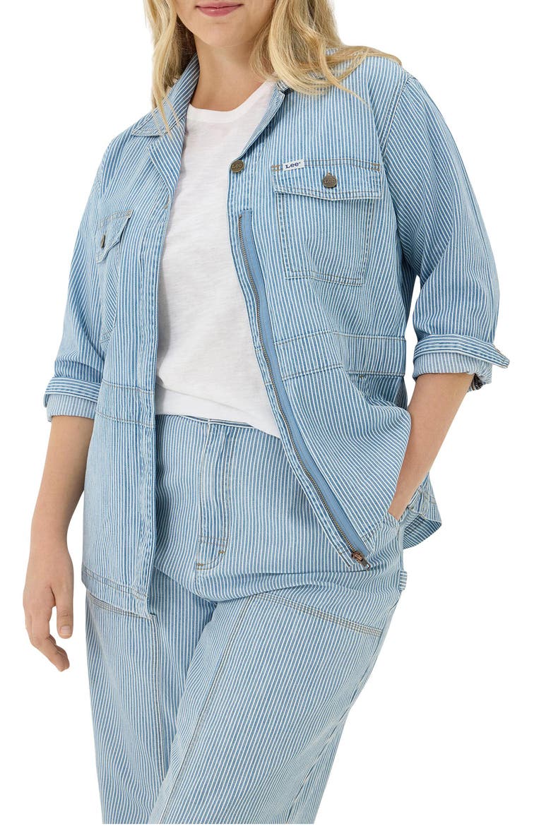 Military Oversize Stripe Cotton Denim Jacket, Alternate, color, MID RAILROAD