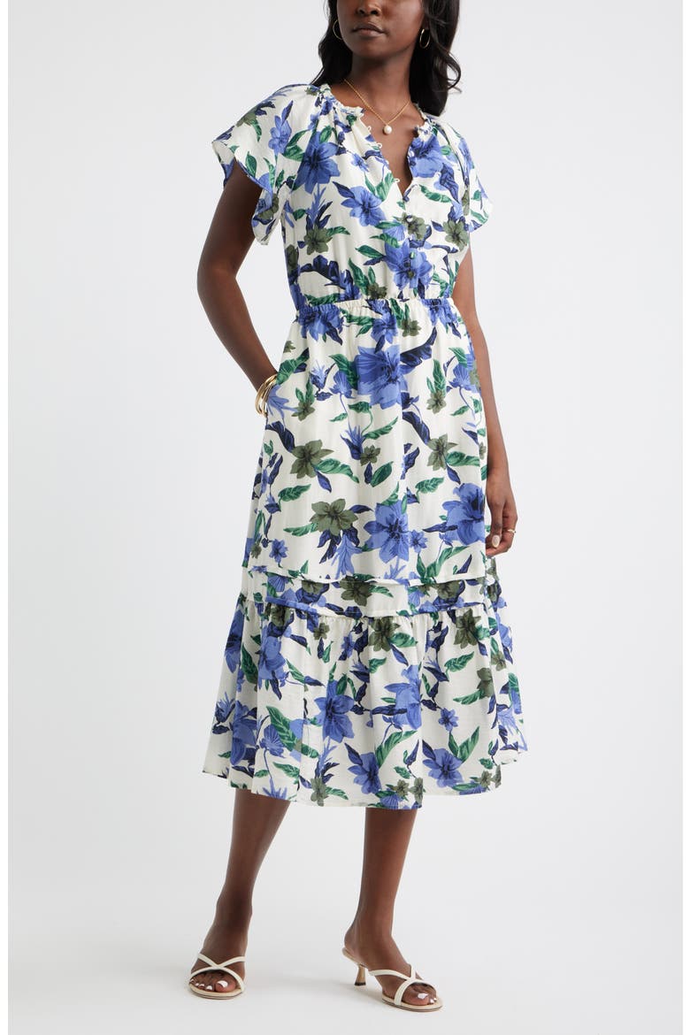Front Button Midi Dress, Main, color, IVORY- BLUE SEA FLORAL