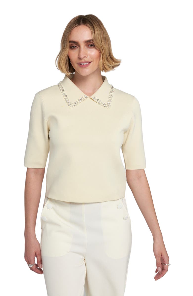 ELLE Collection Embellished Collar Knit Top Shawl Sweater, Alternate, color, Winter White