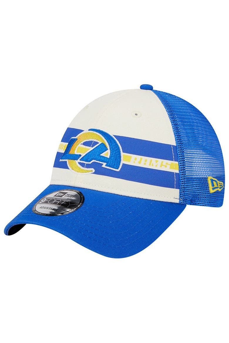 Men's New Era Cream/Royal Los Angeles Rams Team Stripe Trucker 9FORTY Snapback Hat, Main, color, Cream
