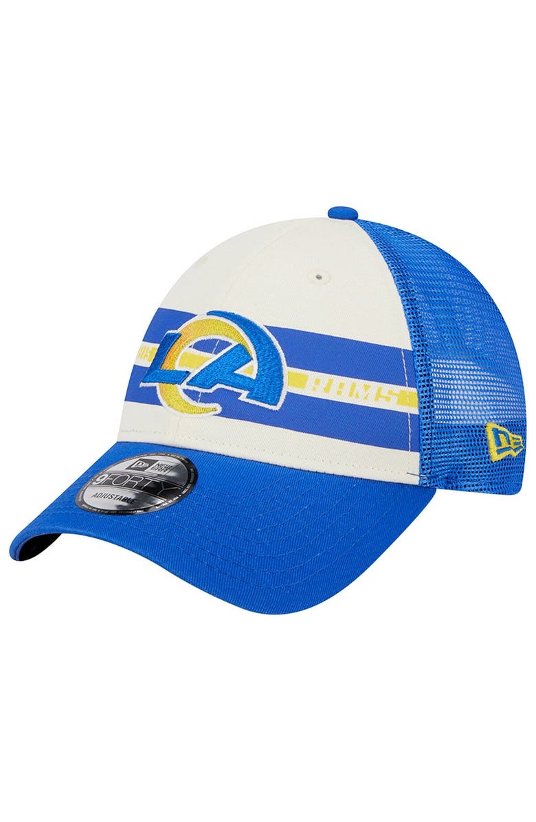 New Era Men's New Era Cream/Royal Los Angeles Rams Team Stripe Trucker 9FORTY Snapback Hat, Main, color, Cream