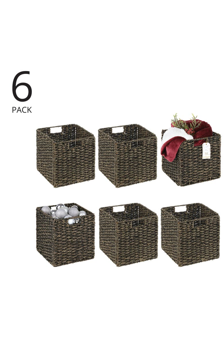 mDesign Seagrass Woven Cube Bin Basket Organizer, Handles, 6 Pack, Alternate, color, Black Wash