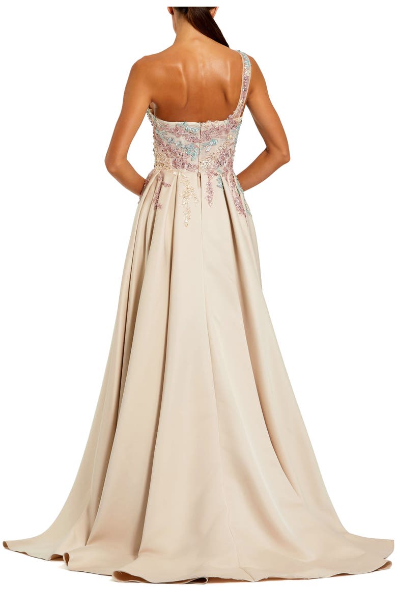 Mac Duggal One Shoulder Embellished Satin Gown With Overskirt, Alternate, color, Champagne Multi
