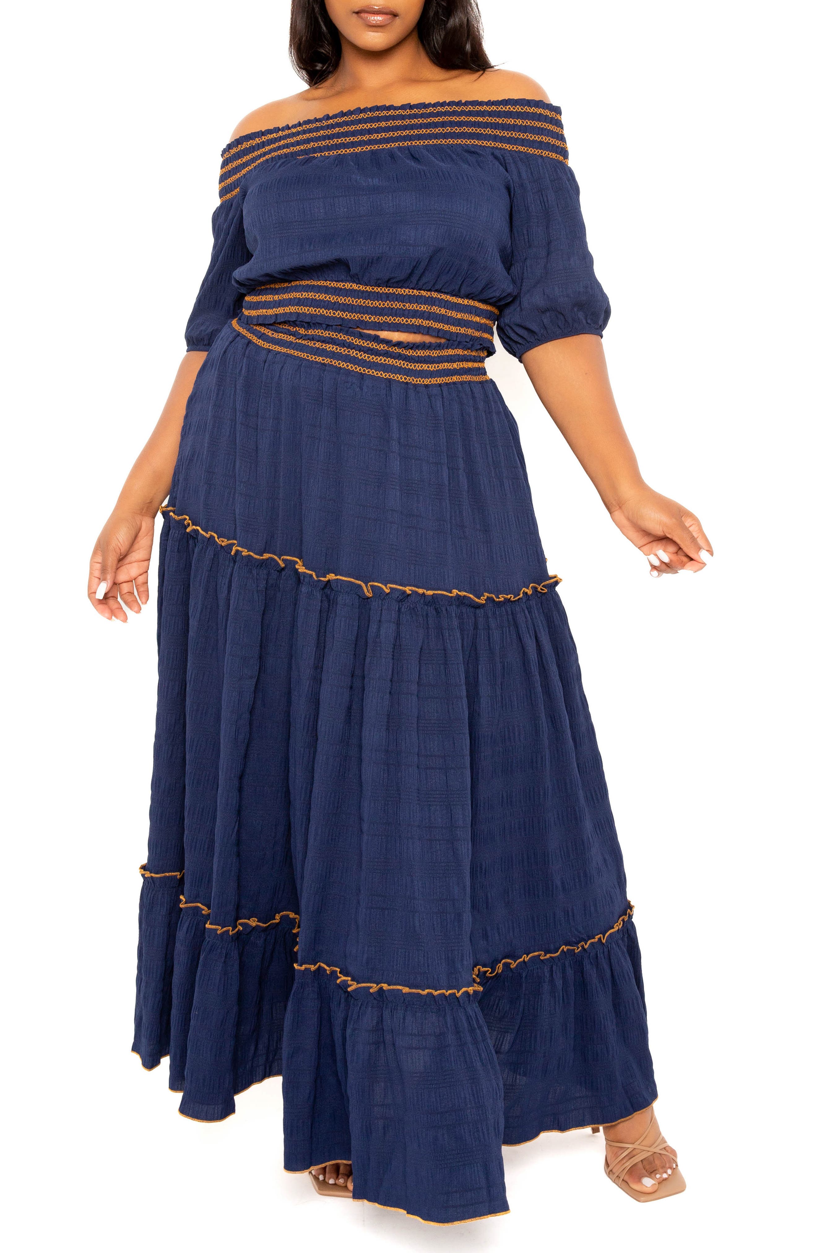 BUXOM COUTURE Smocked Off the Shoulder Puff Sleeve Top & Maxi Skirt Set in Navy 