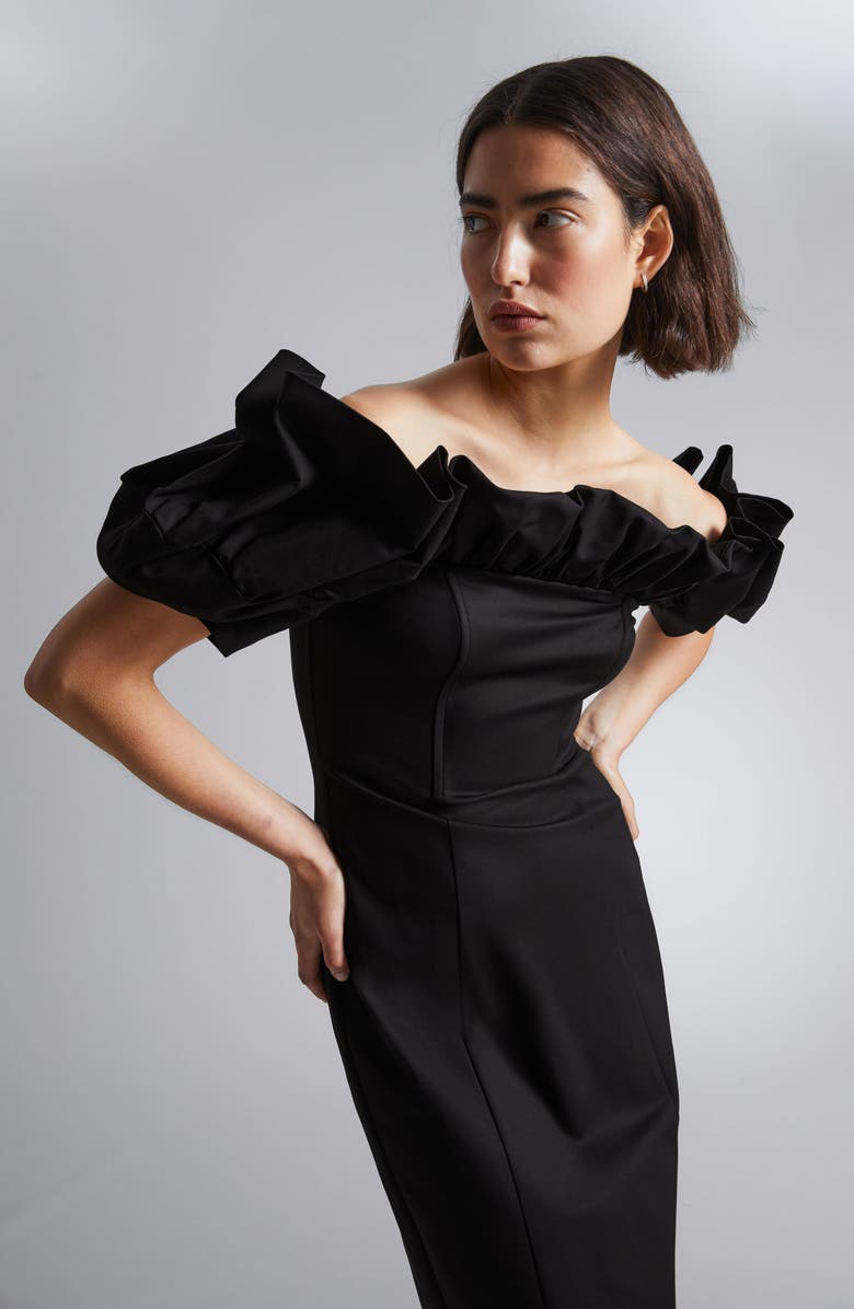 & Other Stories Ruffle Off the Shoulder Midi Dress, Alternate, color, Black