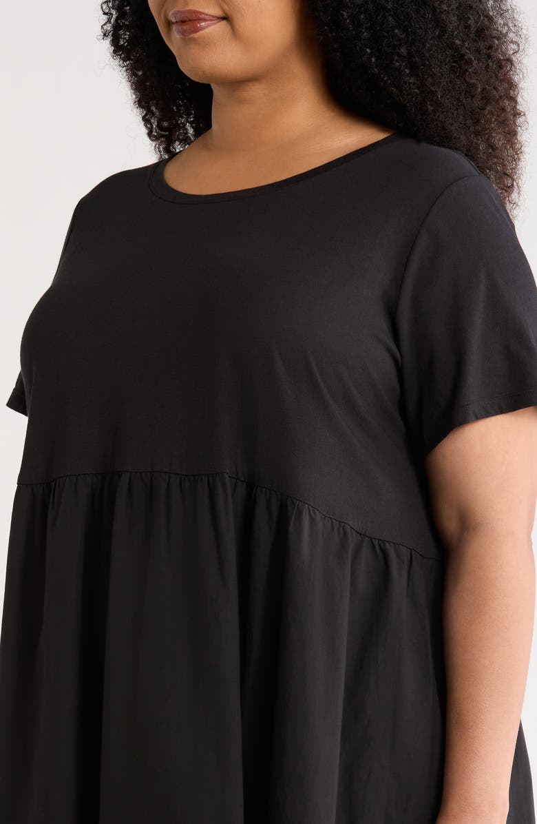 Eileen Fisher Mixed Media Organic Cotton Midi Dress, Alternate, color, Black