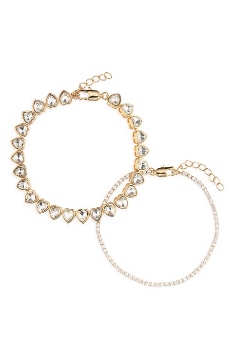 Set of 2 Crystal Heart & Cubic Zirconia Tennis Bracelets