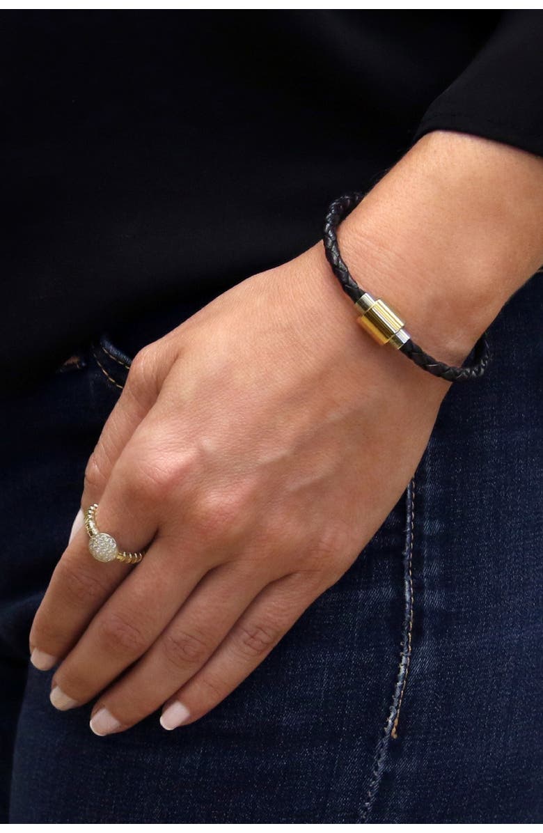 Liza Schwartz 18K Gold Plated & Sterling Silver Hardware Braided Leather Bracelet, Alternate, color, Black