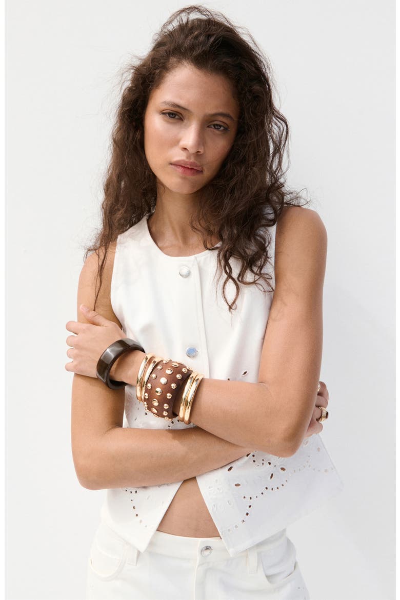 Eyelet Embroidered Denim Vest, Alternate, color, WHITE