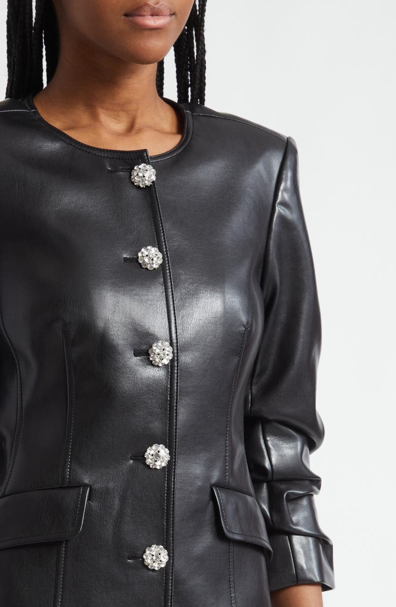 Cinq à Sept Crystal Button Scrunched Sleeve Faux Leather Jacket, Alternate, color, Black