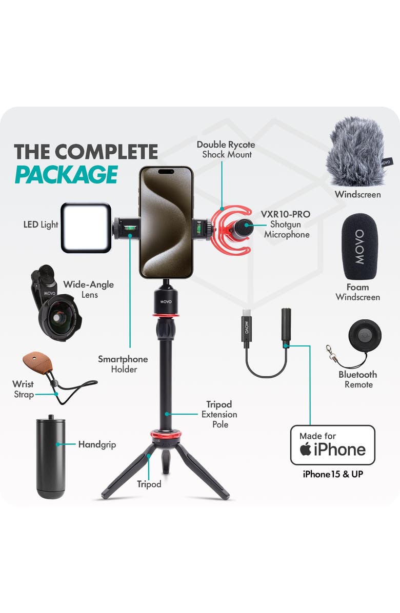 MOVO iVlog1-IP Vlogging Kit for iPhone 15/16/17 and up  (USB-C) with Microphone, Mini Tripod, LED Light, Wide-Angle Lens, Alternate, color, Black