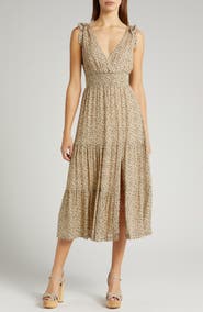 PAIGE Karlissa Print Smocked Waist Sleeveless Tiered Dress