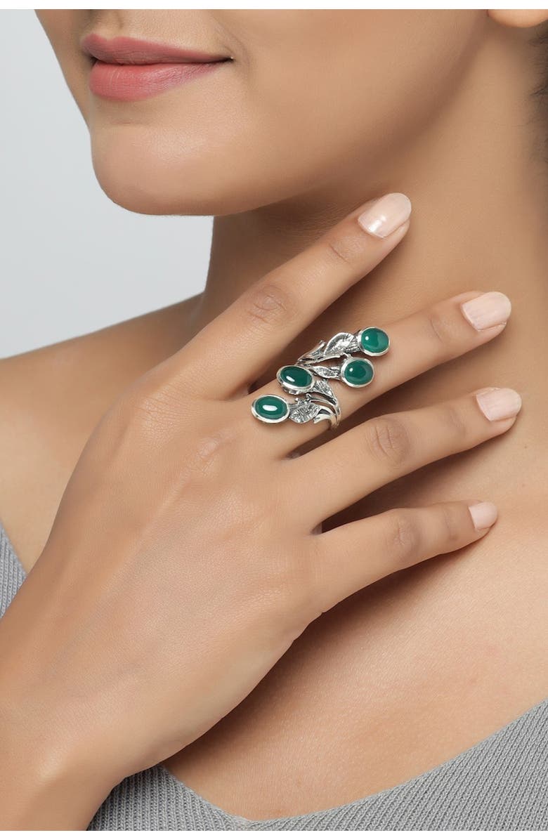 NITYA Green Onyx Statement Leaf Sterling Silver Ring, Alternate, color,