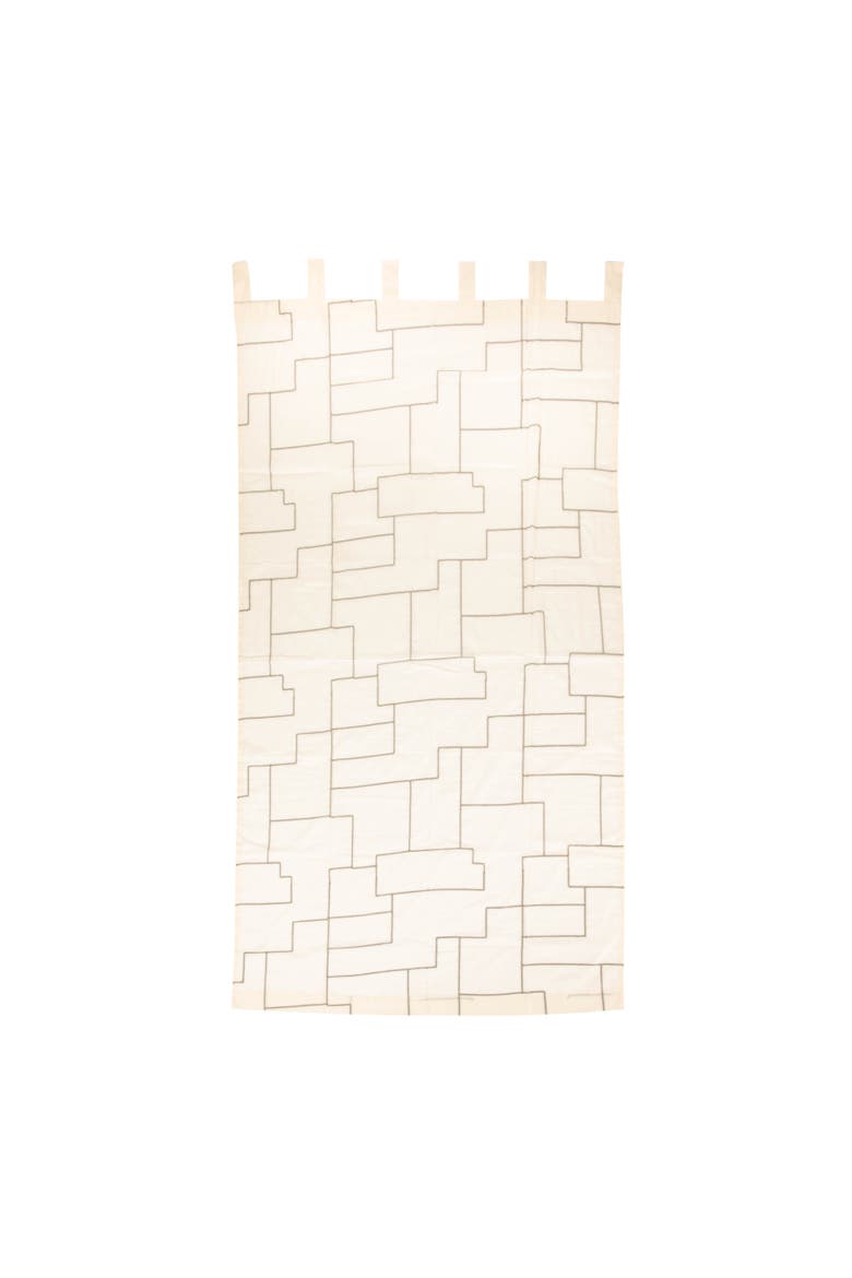 Modern Cotton Curtain Panel with Geometric Embroidery, Ivory and Black, Alternate, color, Ivory
