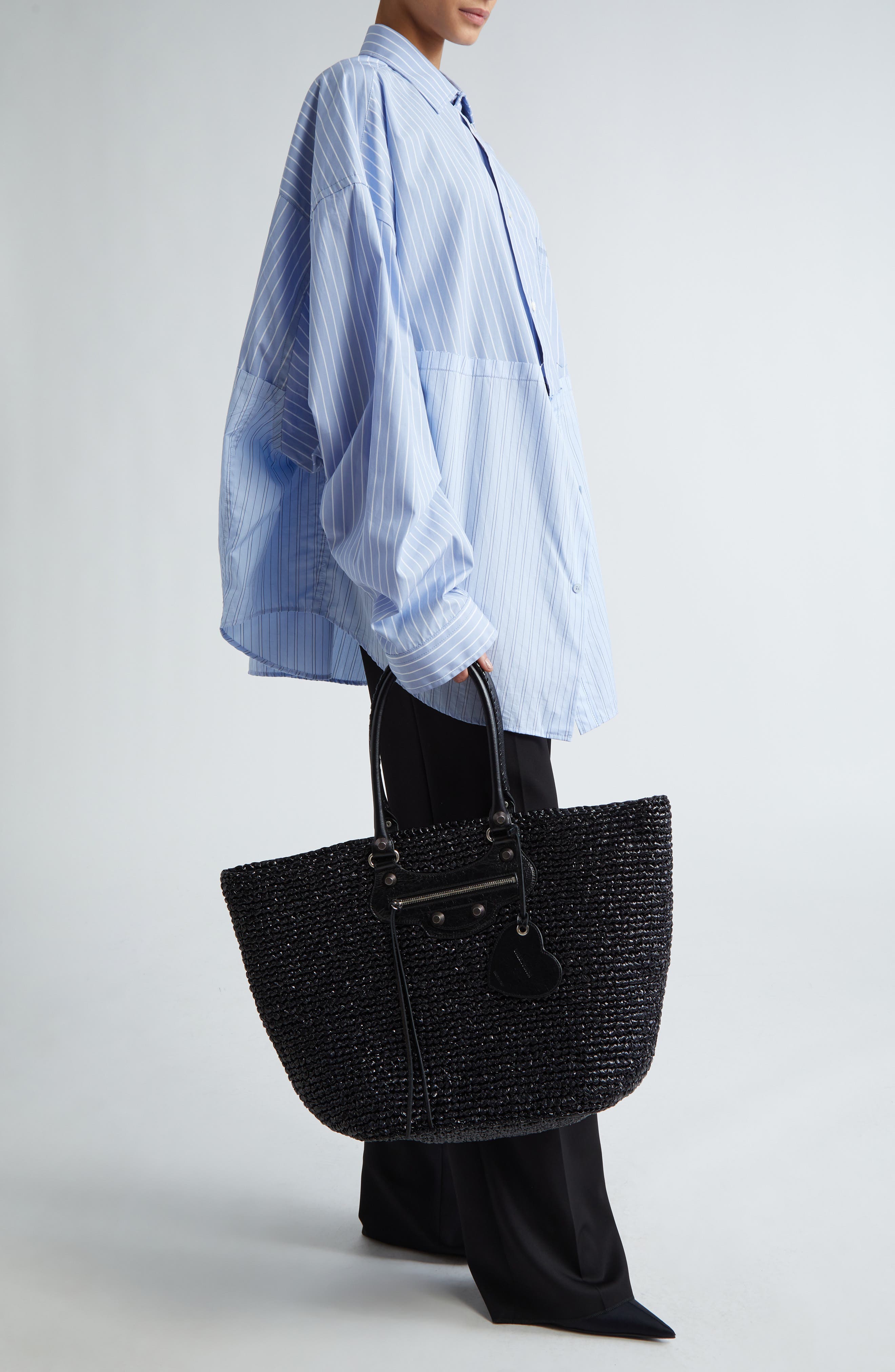 Le Cagole Nylon Raffia Tote, Alternate, color, BLACK