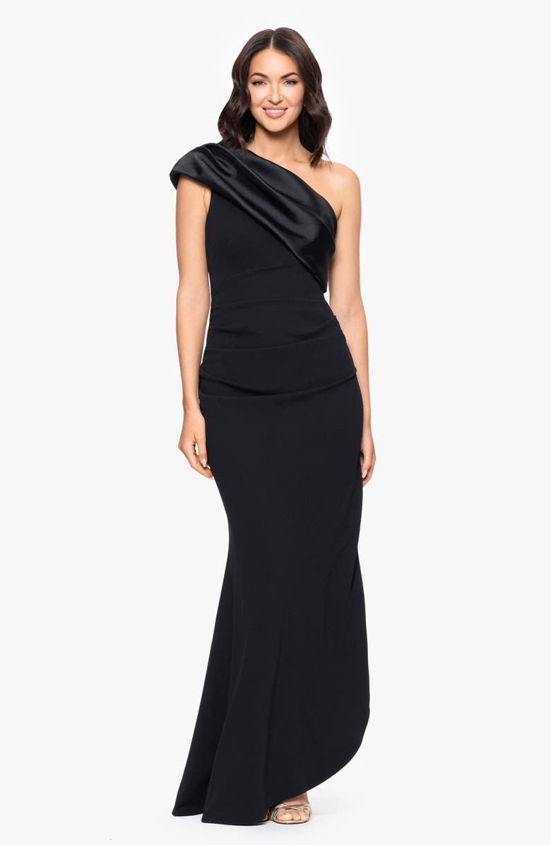 Betsy & Adam One Shoulder Mikado & Scuba Crepe Column Gown, Alternate, color, Black