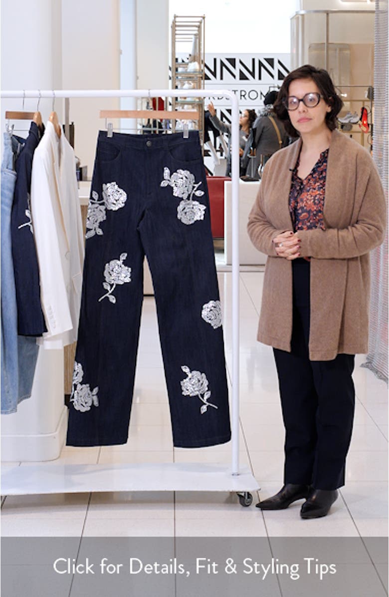 Francine Embellished Rose Wide Leg Denim Pants, sales video thumbnail