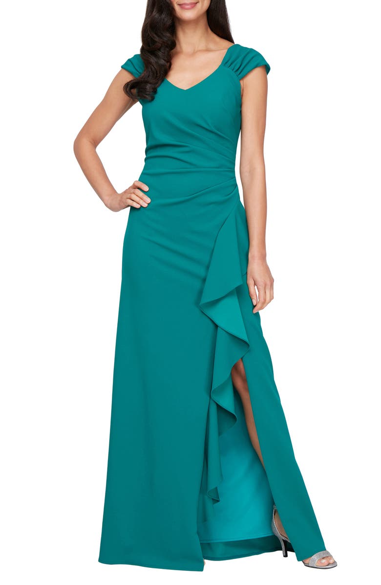 Alex Evenings Ruffle Ruched Gown, Main, color, Jade