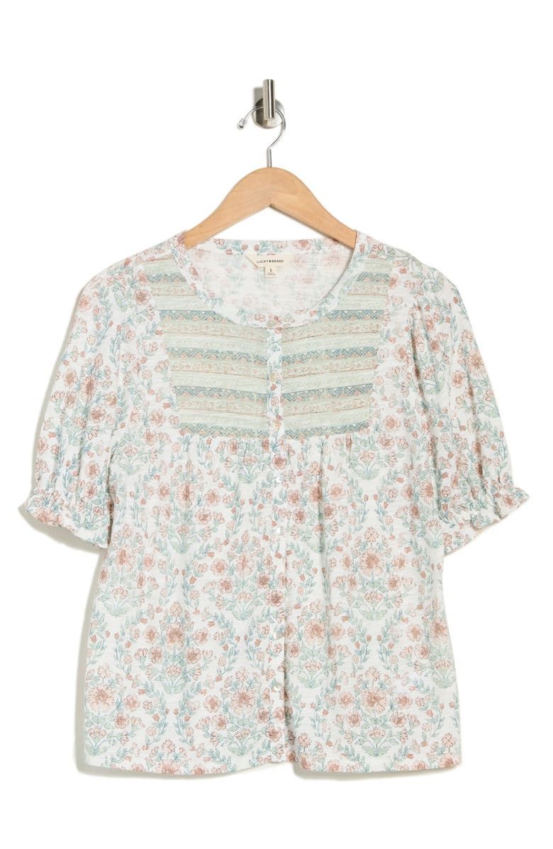 Lucky Brand Patterned Button-Up T-Shirt, Alternate, color, Cream Blue Multi