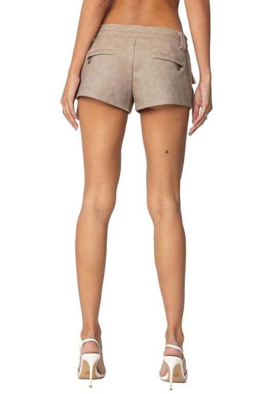 Shop Edikted Faux Leather Micro Cargo Shorts In Beige