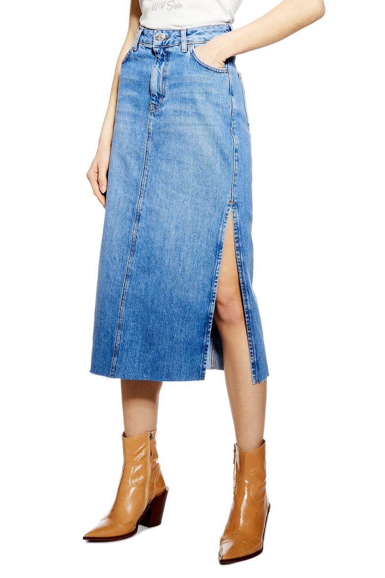 Split Denim Midi Skirt, Main, color, MID DENIM