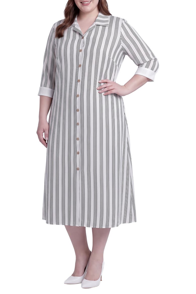 Stripe Button-Up Midi Shirtdress, Alternate, color, LIGHT GREY
