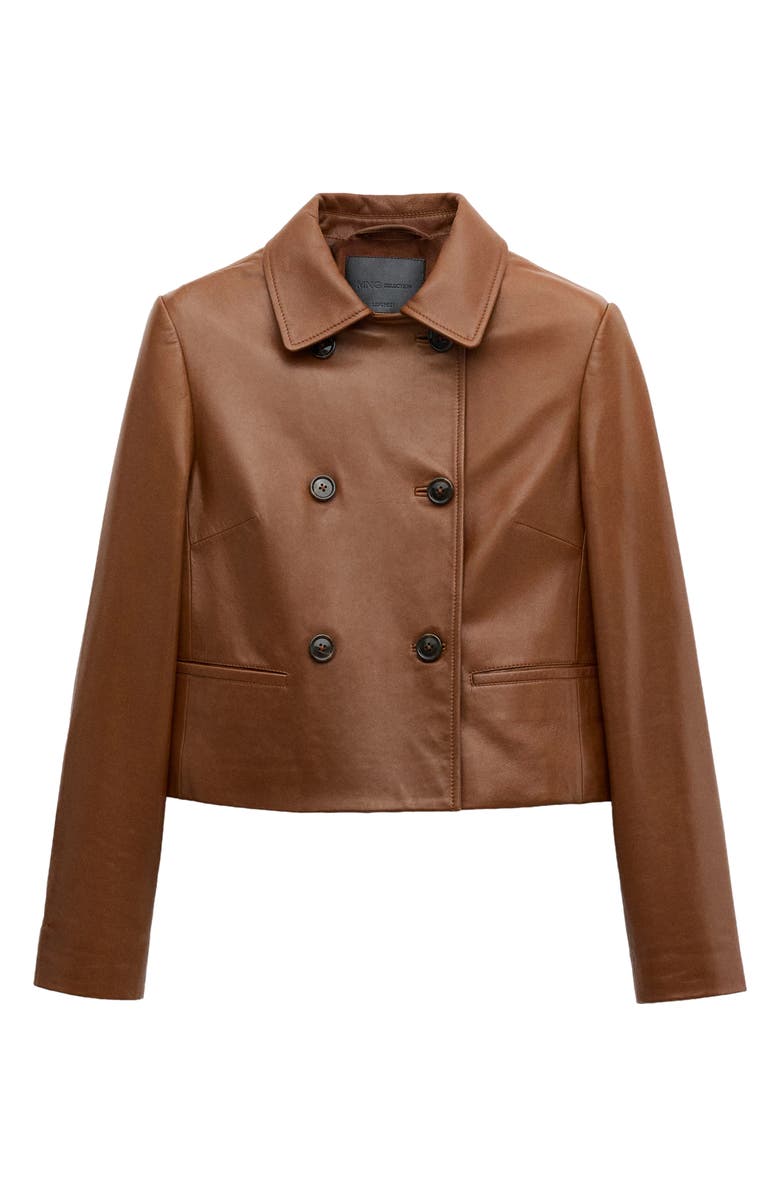 MANGO Double Breasted Leather Jacket, Alternate, color, Medium Brown