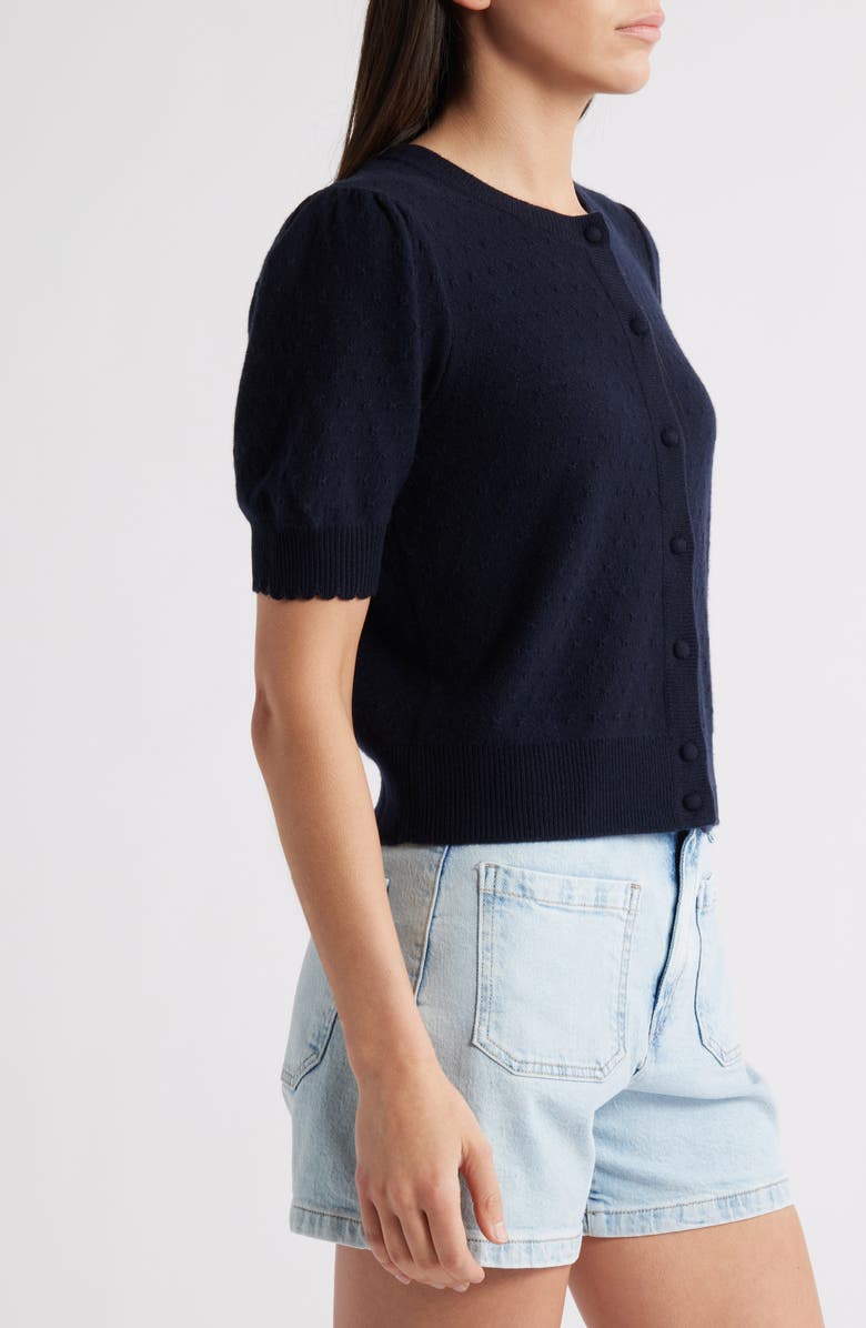 FRAME The Cashmere Pointelle Puff Sleeve Cardigan, Alternate, color, Navy