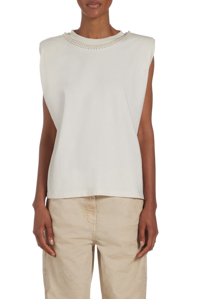 Imitation Pearl Embellished Cotton Shoulder Pad Tank, Main, color, MELANGE GREY/ HERITAGE WHITE