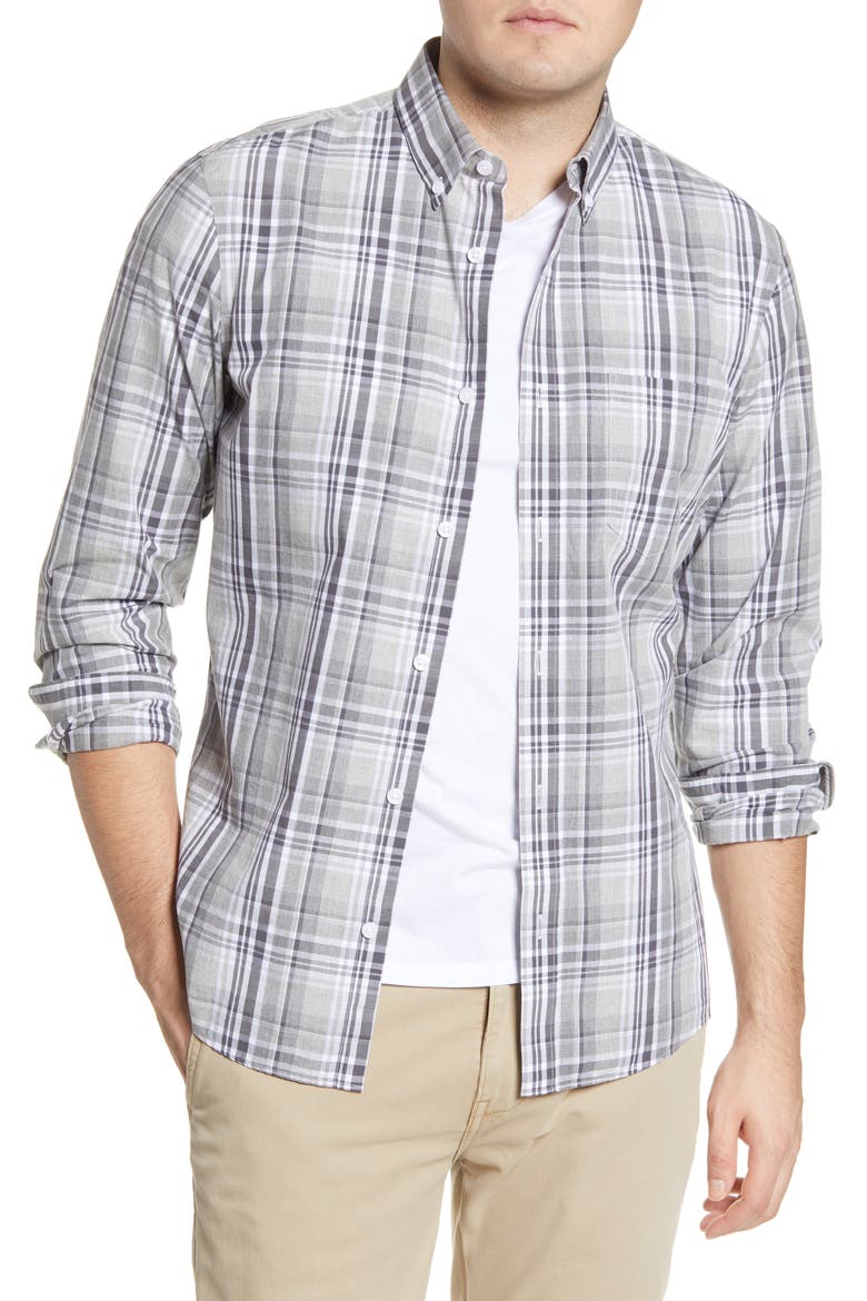 Slim Fit Plaid Button-Down Shirt, Main, color, GREY SILK LINEN MADRAS CHECK