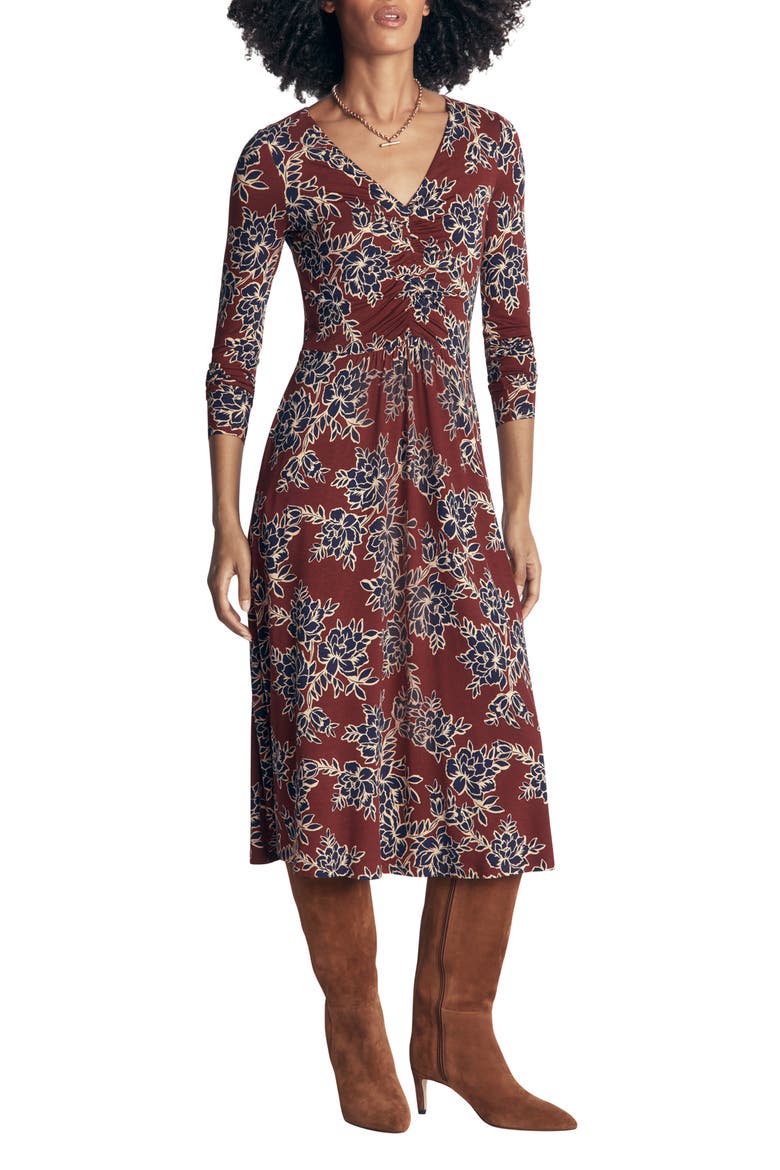 Jasmine Ruched Jersey Midi Dress, Main, color, ROASTED BROWN, ENCHANTED PEONY