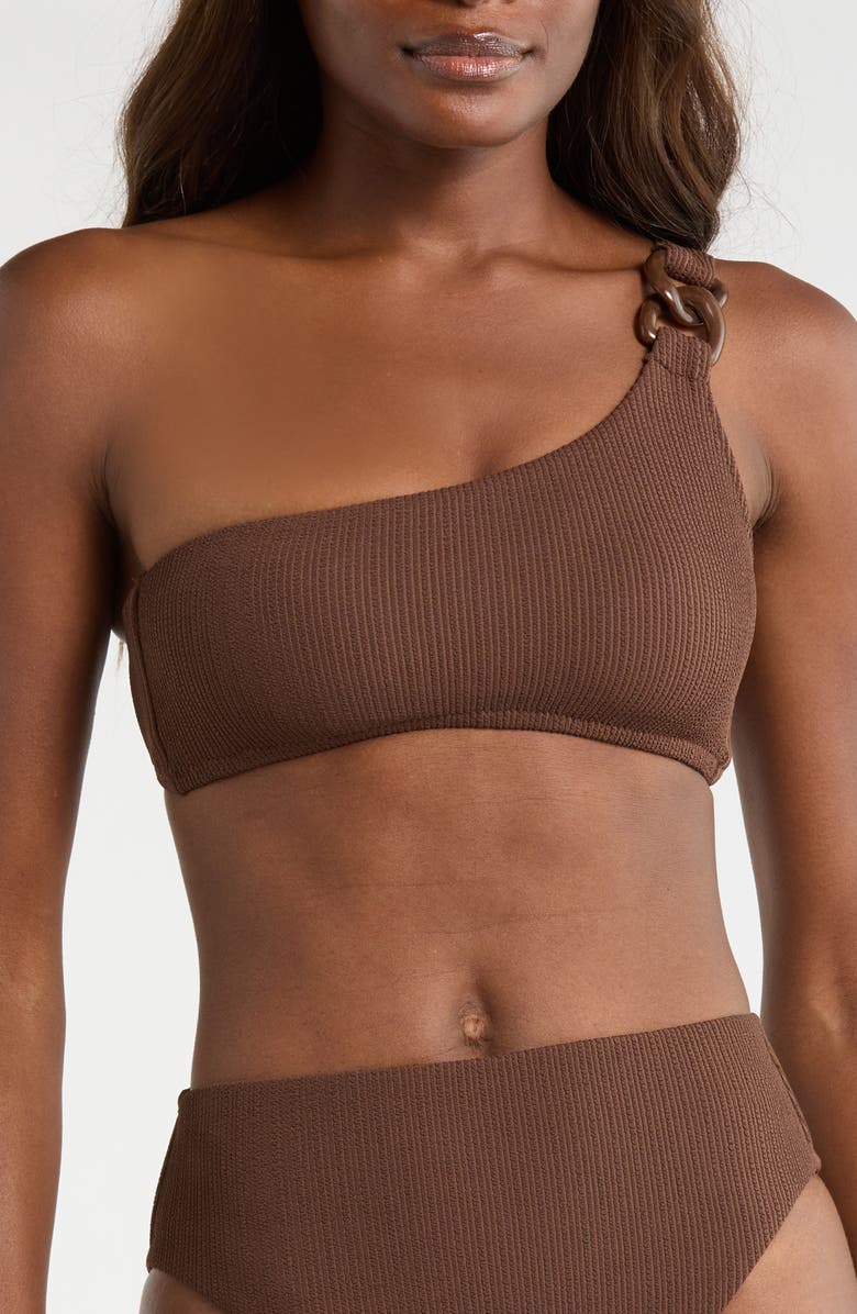 Sanctuary One Shoulder Ring Bikini Top, Main, color, Espresso