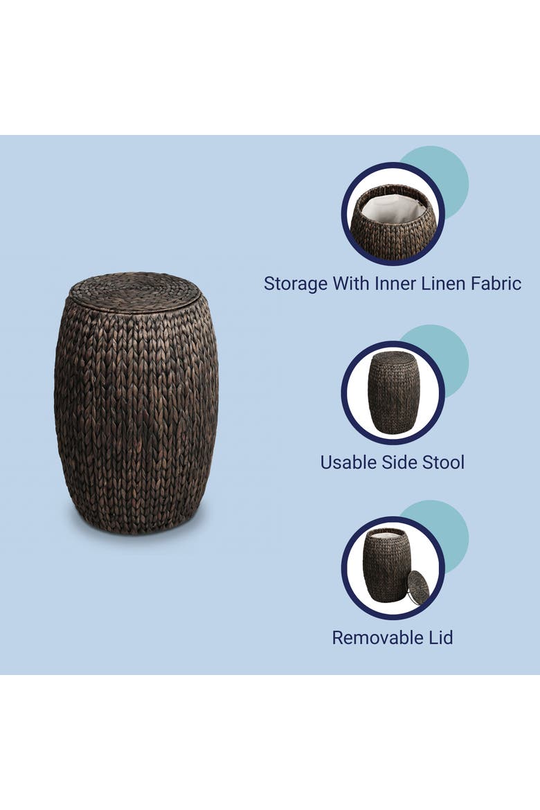 Colt Coastal Bohemian Handwoven Hyacinth Barrel Storage Stool with Lid, Alternate, color, Black