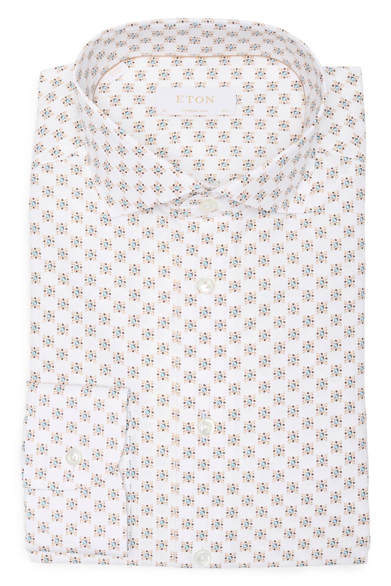 Contemporary Fit Geometric Cotton & Linen Blend Dress Shirt, Alternate, color, BLUE