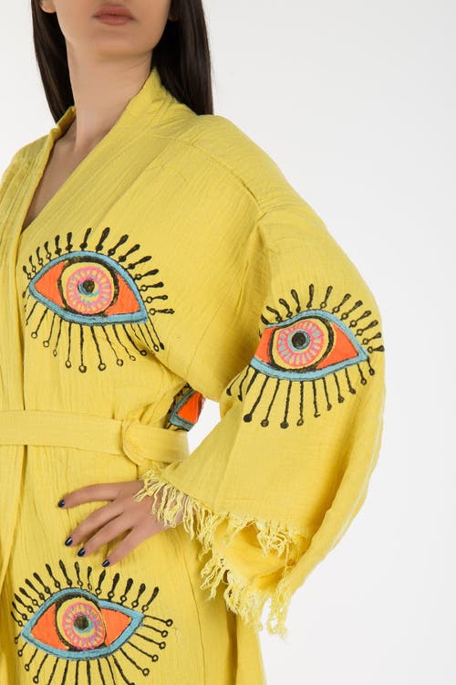 Forever & Always Shoes Aria Evil Eye Handmade Cotton Kimono In Yellow