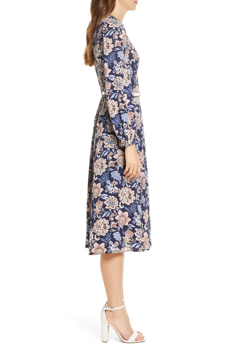 Floral Long Sleeve Pebble Crepe Dress, Alternate, color, NAVY