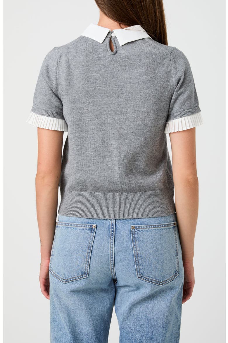 Mixed Media Short Sleeve Sweater, Alternate, color, HEATHER GREY/ WHITE