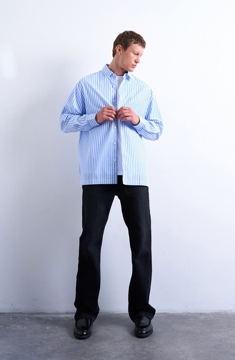 Topman Oversize Stripe Cotton Button-Up Shirt, Alternate, color, Medium Blue