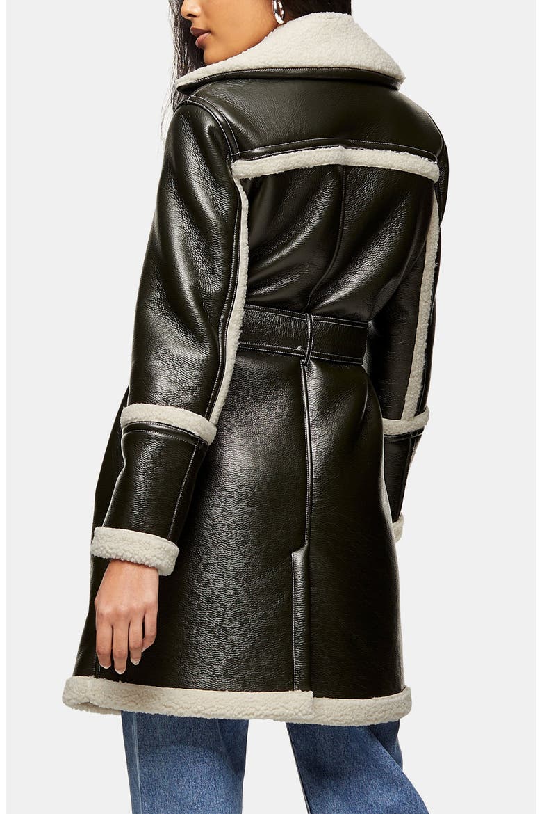 Faux Leather & Faux Shearling Moto Jacket, Alternate, color, DARK GREEN