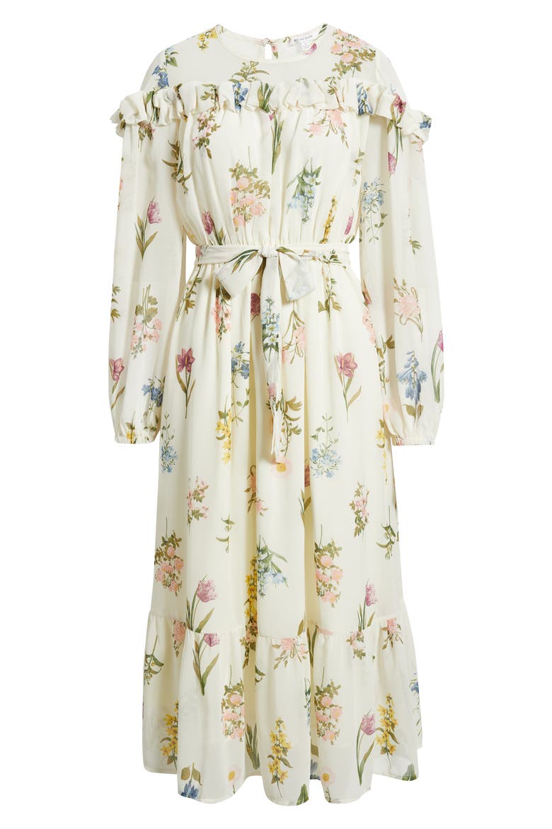 Printed Ruffle Long Sleeve Tie Belt Chiffon Midi Dress, Alternate, color, CREAM MULTI