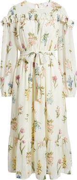 ZOE AND CLAIRE Printed Ruffle Long Sleeve Tie Belt Chiffon Midi Dress